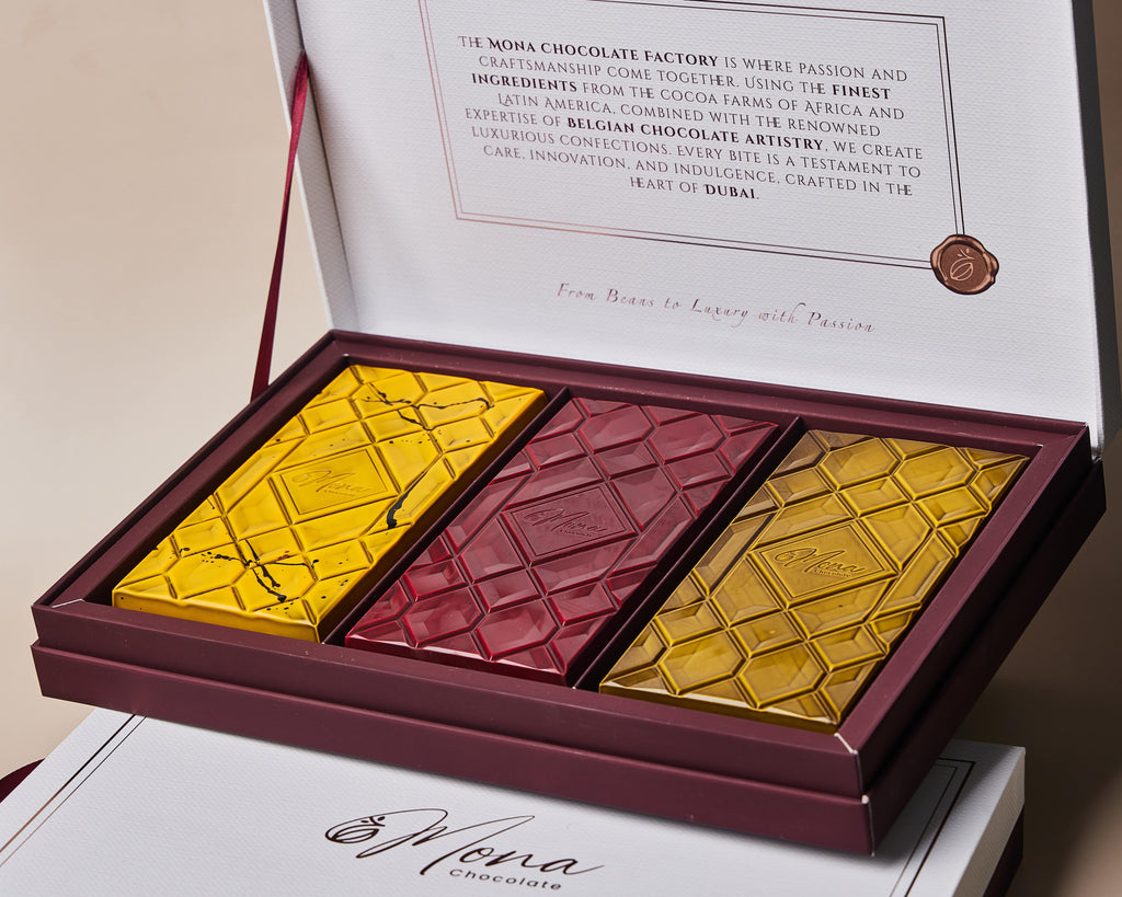 Mona Exclusive Chocolate Bar 3 pcs box (Pistachio, Pomegranate, Passion Fruit)